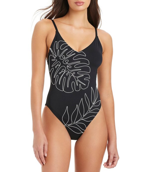サンクチュアリー レディース トップス ワンピース Vネック プリント Sanctuary Midnight Breeze Palm Leaf Print V-Neck Tank One Piece Swimsuit Black ブラック｜ReVida 店