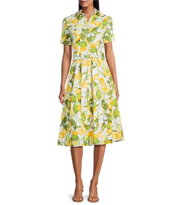 インベストメンツ レディース トップス ワンピース プリント ミディ Investments Lemon Print Short Sleeve Button Frontie Belt Midi Dress White/Yellow Lemons ホワイト|ReVida 店