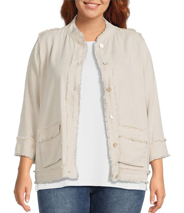 蟻 マイルス レディース アウター 厚地の外套 つけ加える大きさ 上衣 Ali Miles Plusize Yarn-Dyed Woven Stand Collar 3/4 Sleeve Button-Front Jacket Khaki カーキ