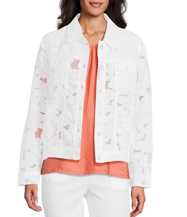 マルチプルズ レディース アウター コート プチ 刺繍 ジャケット Multiples Petite Size Jacquard Woven Allover Embroidered Jean Style Jacket White ホワイト|ReVida 店