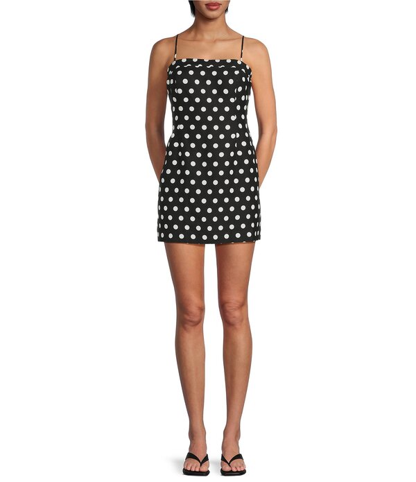 ジャンビニ レディース トップス ワンピース ドット柄 ドット ミニ ノースリーブ リネン Gianni Bini Allison Polka Dot Square Neck Sleeveless Mini Linen Dress Black/Ivory アイボリー｜ReVida 店