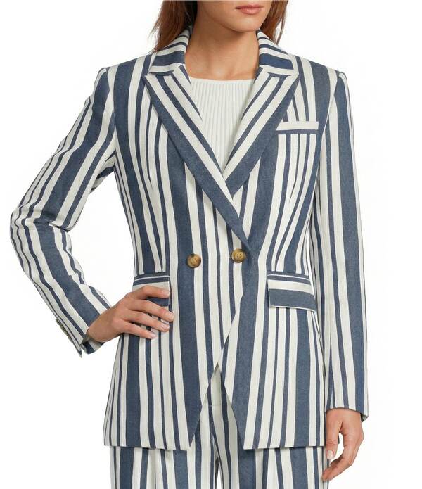アントニオ メラーニ レディース アウター コート ブレザー リネン Antonio Melani Keira Linen Stripe Notch Lapelong Sleeve Double Breasted Coordinating Blazer Kiera ストライプ|ReVida 店