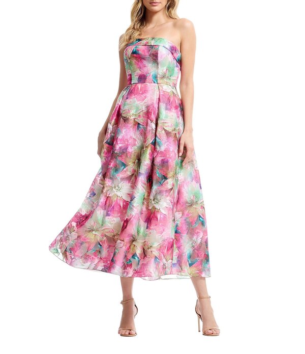 ドレスザポプレーション レディース トップス 衣装 A 生産ライン オーバーレイ ストラップレス Dress the Population Mika Strapless A line Tea Length Dress With Overlay \u0026 Side Seam Pockets Bright Fuchsia フューシャ