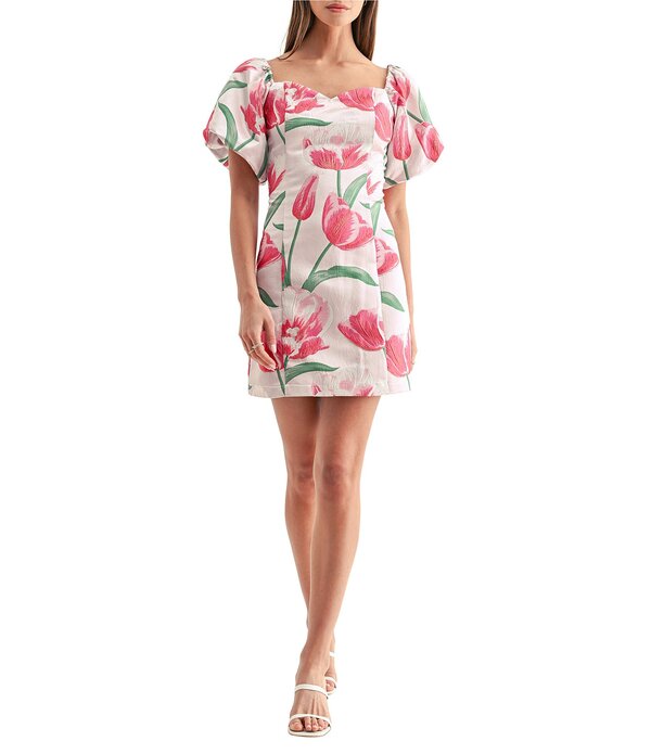 アドレイン ラエ レディース トップス ワンピース フラワー柄 ミニ フラワー Adelyn Raesther Floral Jacquard Sweetheart Neckline Short Puff Sleeve Mini Dress Tulip Floral｜ReVida 店