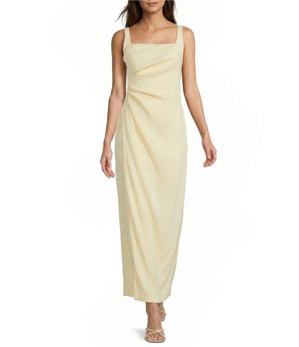 アントニオ メラーニ レディース トップス ワンピース ギャザー ノースリーブ リネン マキシ Antonio Melani Madison Linen Square Neck Sleeveless Ruched Waist Faux Wrap Sheath Maxi Dress Butter