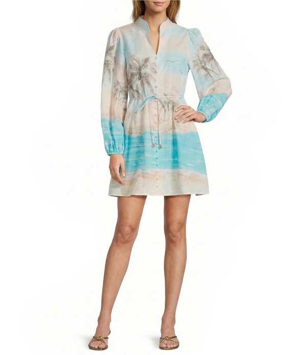 アントニオ メラーニ レディース トップス ワンピース プリント リネン Antonio Melani Lexley Printed Linen Long Sleeve Dress Palm Print