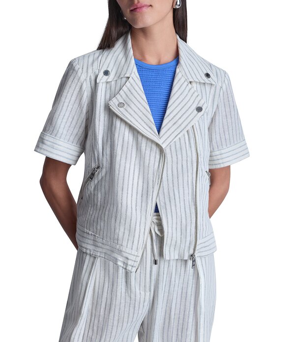 ダナキャラン レディース アウター 厚地の外套 リネン 上衣 DKNY by Donna Karan Coordinating Linen Blend Stripe Notch Lapel Short Sleeve Moto Jacket Ivory/Admiral 象牙色