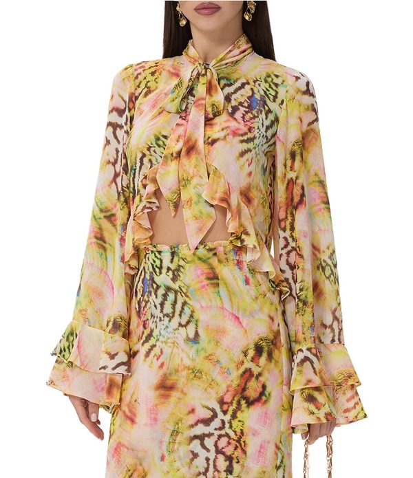 エーエフアールエム レディース トップス シャツ ジョーゼット プリント AFRM Aldora Printed Georgette Neck Tie Long Sleeve Coordinating Topink Shell Swirl ピンク