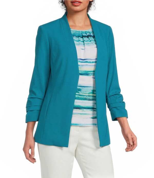 カルバンクライン レディース アウター 厚地の外套 Vのど首 上衣 Calvin Klein Coordinating Recycled Tropical V-Neck 3/4 Sleeve Open Front Jacket Petrol レディースファッション-コート・ジャケット