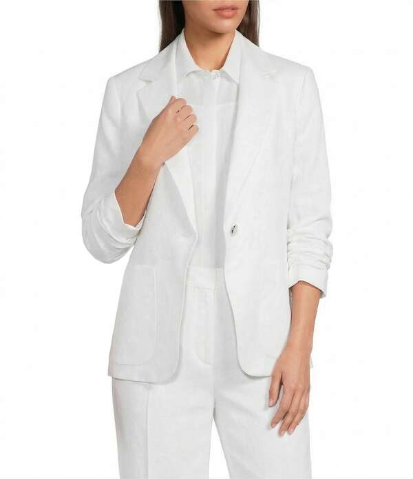 カルバンクライン レディース アウター 厚地の外套 リネン 上衣 Calvin Klein Linen Blend Notch Lapel 3/4 Scrunch Sleeve One Button Jacket White 白いこと