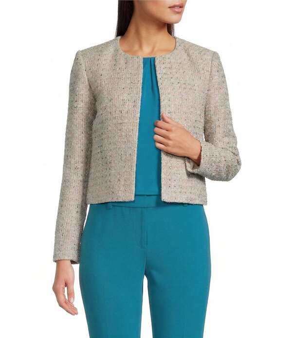 カルバンクライン レディース アウター 厚地の外套 労働者の一団素っ首 ツィード 上衣 Calvin Klein Tweed Crew Neck Long Sleeve Open Front Jacket Latte Multi マルチ色つや