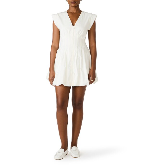スティーブ マデン レディース トップス ワンピース Vネック ミニ キャップ Steve Madden Gale V-Neck Cap Sleeve Bubble Hem Pearl Poplin Mini Dress Antique White ホワイト