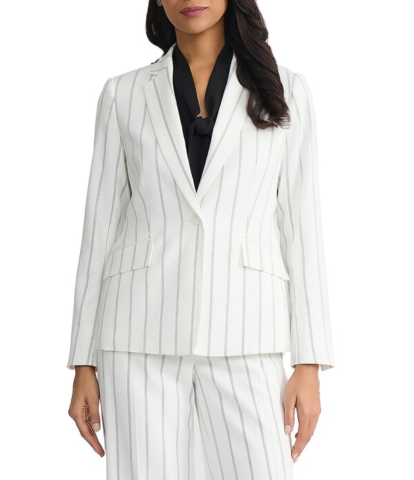 カスパール レディース アウター 厚地の外套 スポーツジャケット Kasper One Button Pinstripe Notch Collar Coordinating Blazer Lily White/Black 白いこと レディースファッション-コート・ジャケット