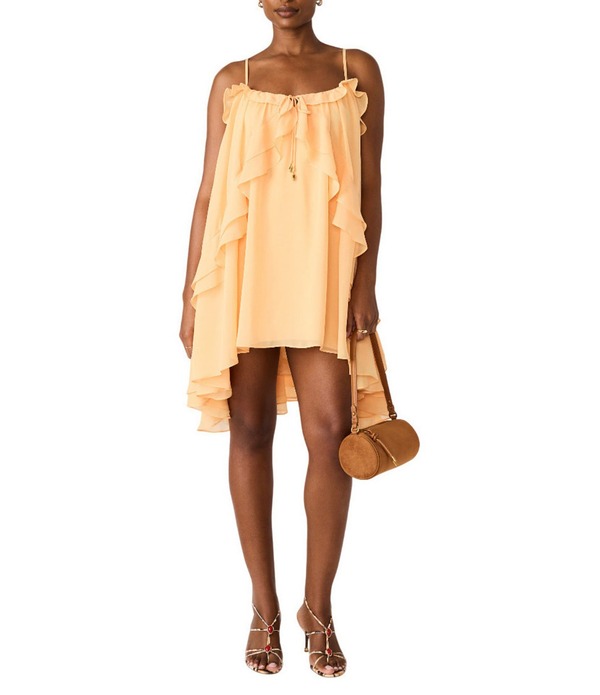 スティーブ マデン レディース トップス ワンピース シフォン ドレープ フリル ミニ ノースリーブ Steve Madden Lorella Chiffon Scoop Neck Sleeveless Draped Ruffle Mini Dress Apricot アプリコット
