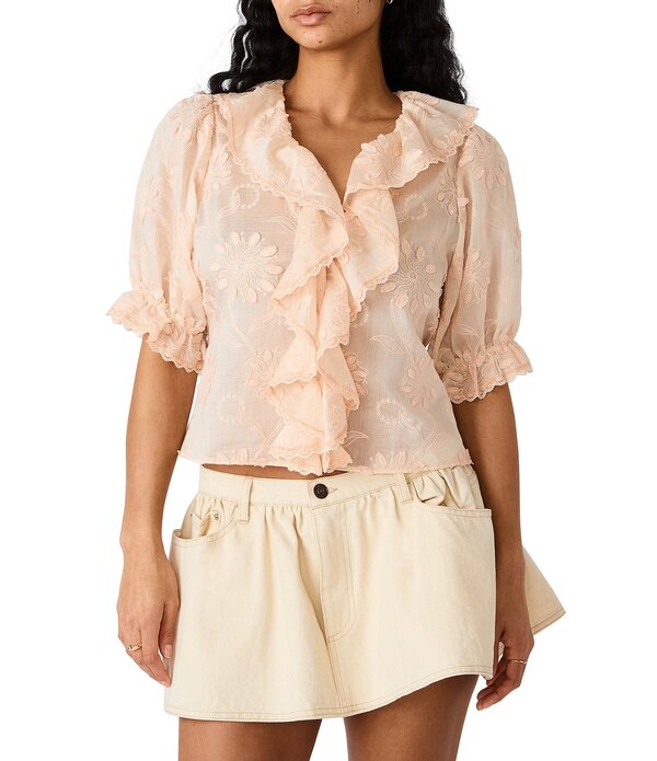 スティーブ マデン レディース トップス シャツ Vネック 刺繍 Steve Madden Lyric V-Neck Short Sleevembroidered Gossamer Top Scallop Shell