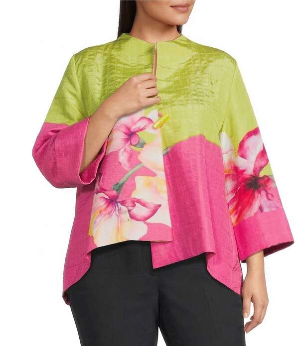 アイシーコレクション レディース アウター コート アシンメトリー フラワー柄 プラスサイズ フラワー ジャケット ICollection Plus Watercolor Floral High Collar Long Sleeve Asymmetrical Jacket Pink ピンク