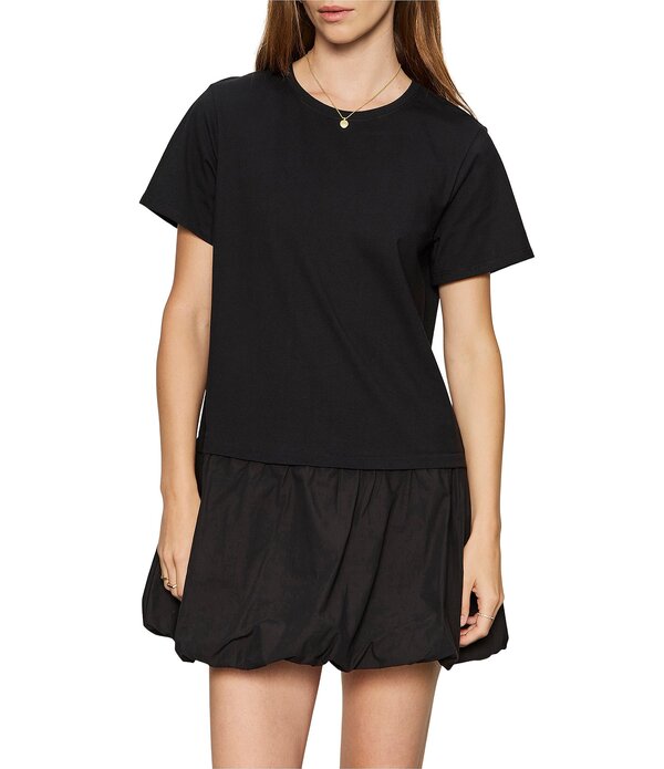 駆け込み寺 レディース トップス 衣装 労働者の一団のど首 ミニ ティーシャツ Sanctuary For Keeps Crew Neck Short Sleeve Bubble Hemini T-Shirt Dress Black 黒いこと ワンピース-レディースファッション