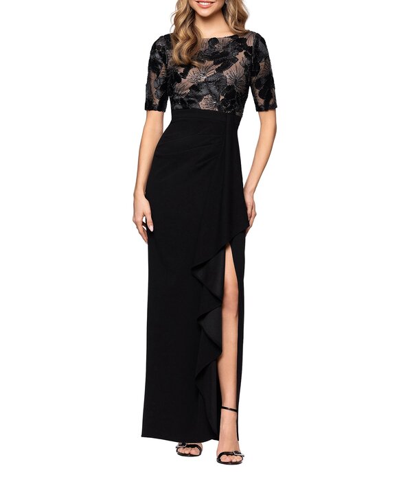 ベッツィアンドアダム レディース トップス ワンピース Betsy & Adam Soutache Mixed Media Gown Black/Nude ブラック