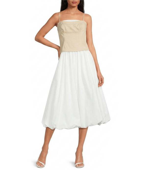 ラインアンドドット レディース トップス ワンピース ミディ ノースリーブ Line andot Anitha Mixed Media Square Neck Sleeveless Bubble Hemidi Dress Beige/White ホワイト