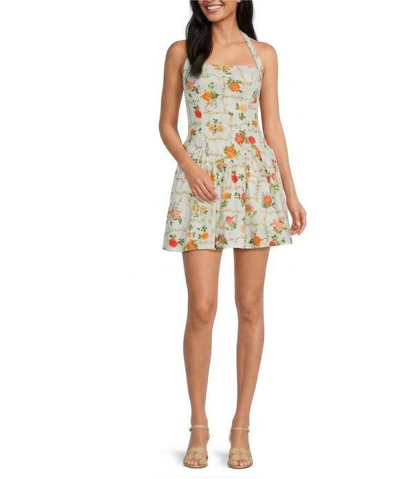 ラインアンドドット レディース トップス 衣装 御花柄 刷り上げる ミニ ノースリーブ 御花 ホルター Line andot Anisa Floral Print Halter Neck Sleeveless A-Line Poplin Mini Dress White Multi 白いこと