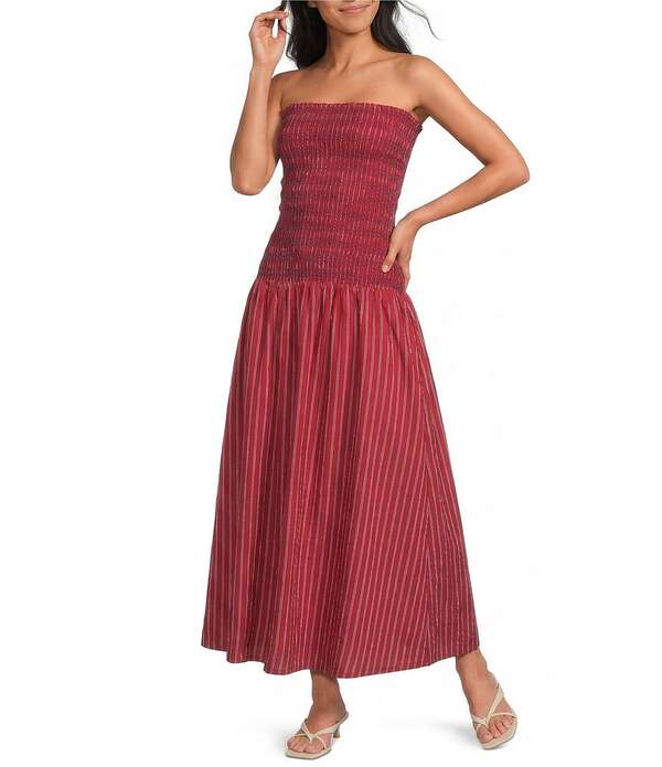 ラインアンドドット レディース トップス ワンピース プリント ストラップレス シャーリング マキシ Line andot Claudina Stripe Print Strapless Drop Waist Smocked Maxi Dress Red レッド｜ReVida 店 25,776円