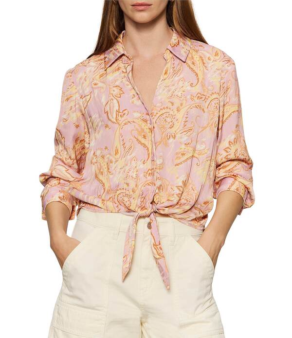 サンクチュアリー レディース トップス シャツ プリント Sanctuary Lover Tie Whimsy Printed Spread Collar Long Sleeve Crinkle Sateen Shirt Whimsy|ReVida 店
