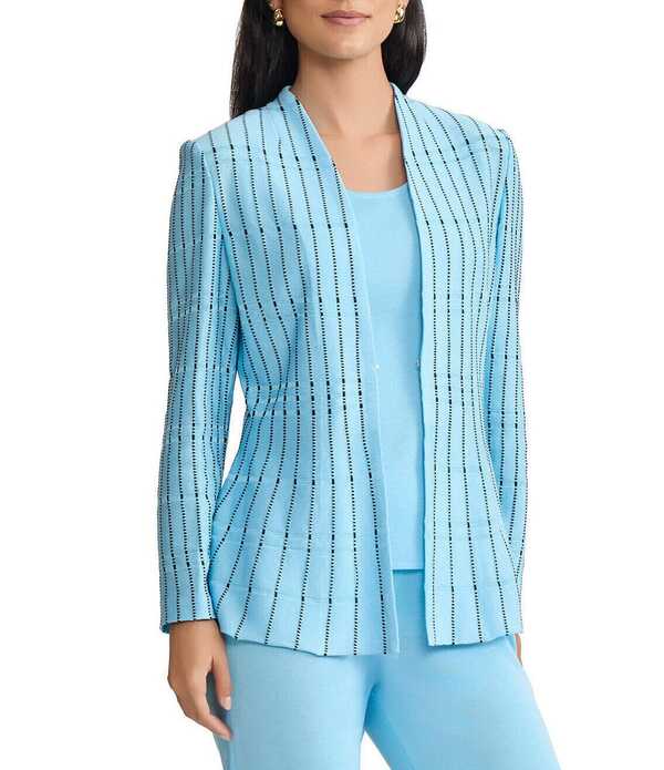 ミンウォン レディース アウター コート Vネック ニット ジャケット Ming Wang Dotted Stripe Knit Modified Mandarin V-Neck Long Sleeve Peplum Jacket Serene/Black ブラック