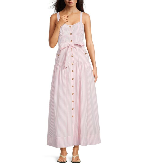 エーラブズエー レディース トップス ワンピース マキシ A Loves A Stripe Sweetheart Neck Tank Strap Button Frontie Drop Waist Flounce Maxi Dress Pink Petal ピンク
