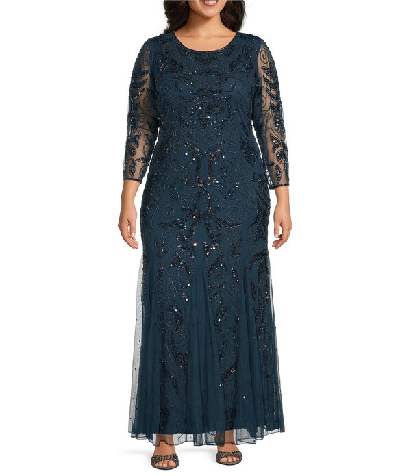 ピサッロナイツ レディース トップス ワンピース プラスサイズ スパンコール Pisarro Nights Plusize Beaded Sequin Boat Neck Illusion 3/4 Sleeve Gown Sapphire サファイア