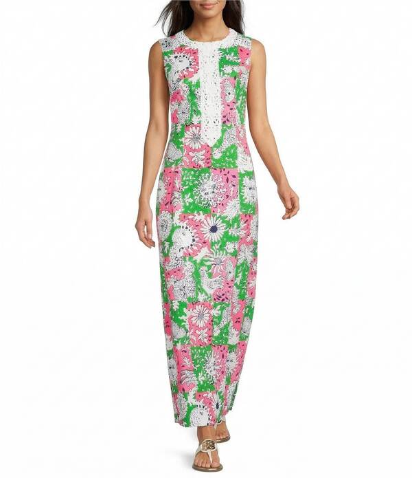 リリーピュリッツァー レディース トップス ワンピース クルーネック プリント ノースリーブ レース マキシ Lilly Pulitzer Barberine Chicken Check Print Crew Neck Sleeveless Lilly Lace Applique Shift Maxi Dress Cherry Blossom チェック