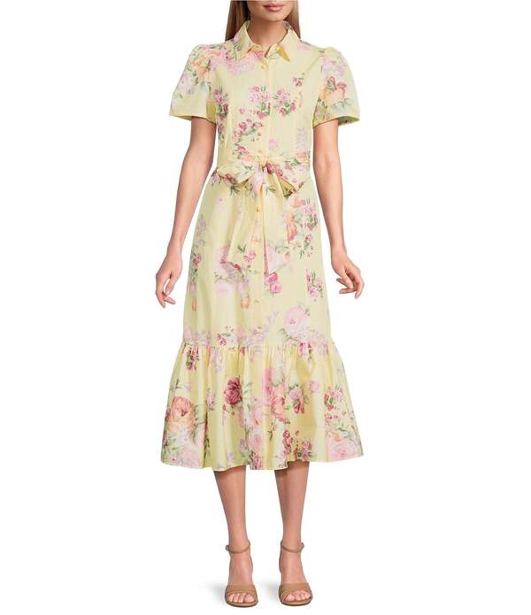 アンクライン レディース トップス ワンピース ティアード フラワー柄 プリント シャツ マキシ フラワー Anne Klein Maxi Floral Print Short Sleeve Tiered Shirt Dress Daffodil Multi マルチカラー