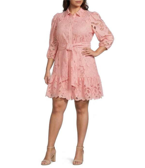 アンクライン レディース トップス ワンピース ティアード フラワー柄 プリント シャツ レース フラワー Anne Klein Lace Floral Print Collar Neckline Long Sleeve Scalloped Hem Tiered Belted Shirt Dress Blossom