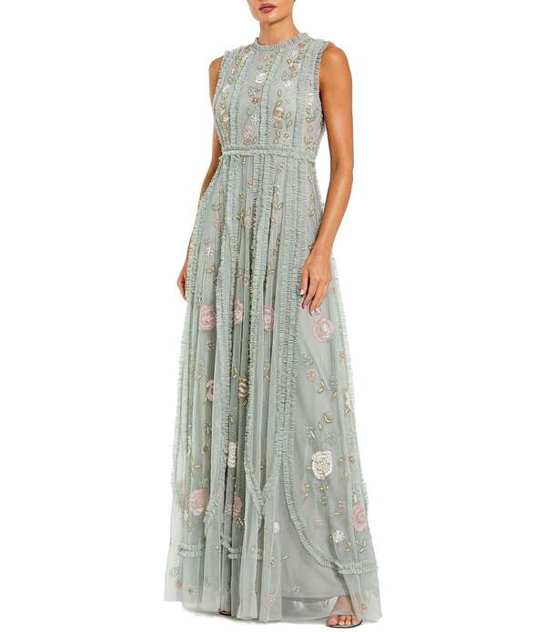 マックダガル レディース トップス ワンピース A ライン フラワー柄 プチ フリル メッシュ ノースリーブ フラワー Mac Duggal Petite Size Floral Mesh Sleeveless A Line Micro Ruffle Longown Sage Multi セージ｜ReVida 店