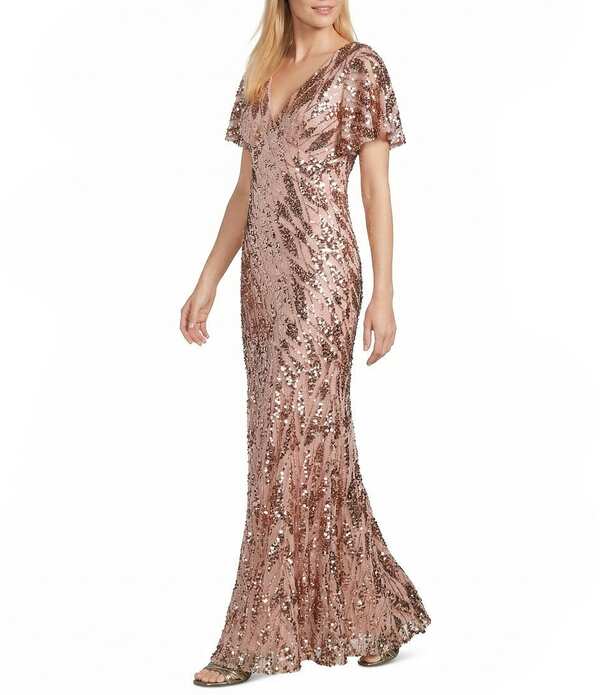 アールアンドエムリチャーズ レディース トップス ワンピース メッシュ スパンコール R & M Richards Mesh Flutter Sleeve Flounce Hem Deco Sequin Gown Latte