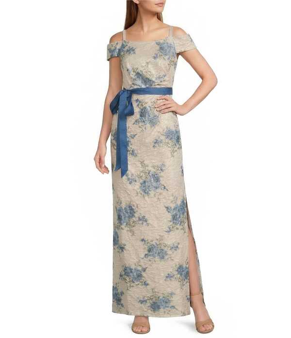 アールアンドエムリチャーズ レディース トップス ワンピース フラワー柄 レース フラワー R & M Richards Floral Jacquard Lace Square Neck Off-The-Shoulder Sash Belt Gown Antique Blue ブルー