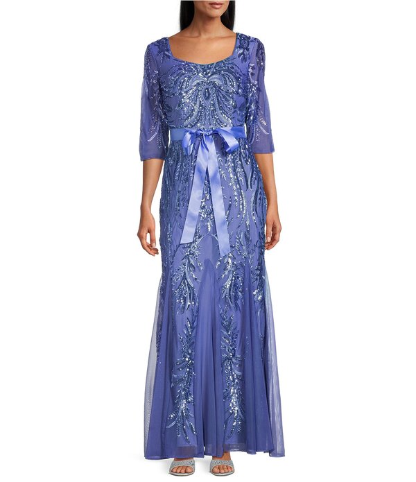アールアンドエムリチャーズ レディース トップス ワンピースパンコール R & M Richards 3/4 Sleeve Sash Belt Sequin Longown Periwinkle