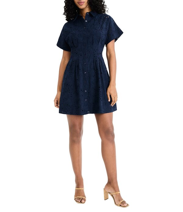 ドナモーガン レディース トップス 衣装 ミニ Donna Morgan Short Sleeve Collared Eyelet Mini Dress Navy Blaze 米国海軍