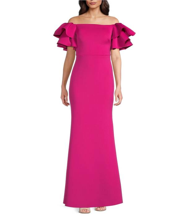 エリザジェイ レディース トップス ワンピース フリル スキューバ Eliza J Scuba Off-The-Shoulderuffle Short Sleeve Fit & Flare Gown Lipstick