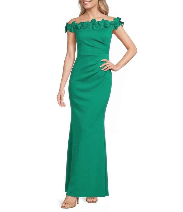 エリザジェイ レディース トップス ワンピース フラワー柄 スキューバ フラワー Eliza J 3D Floral Scuba Off-The-Shoulder Bodycon Gown Green グリーン|ReVida 店