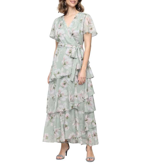 イグナイト レディース トップス ワンピース ティアード シフォン フラワー柄 プリント フラワー Ignitevenings Floral Print Chiffon Tiered Long Dressage Multi セージ