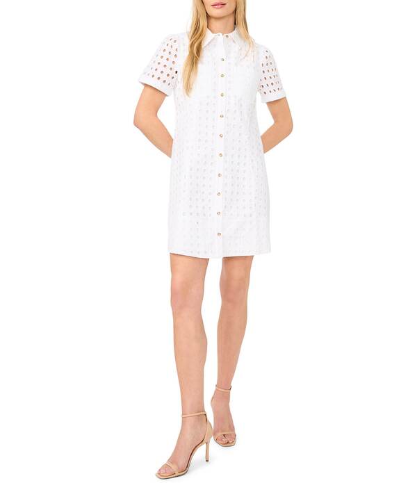 セセ レディース トップス ワンピース シャツ CeCeyelet Point Collar Short Sleeve Shirt Dress Ultra White ホワイト