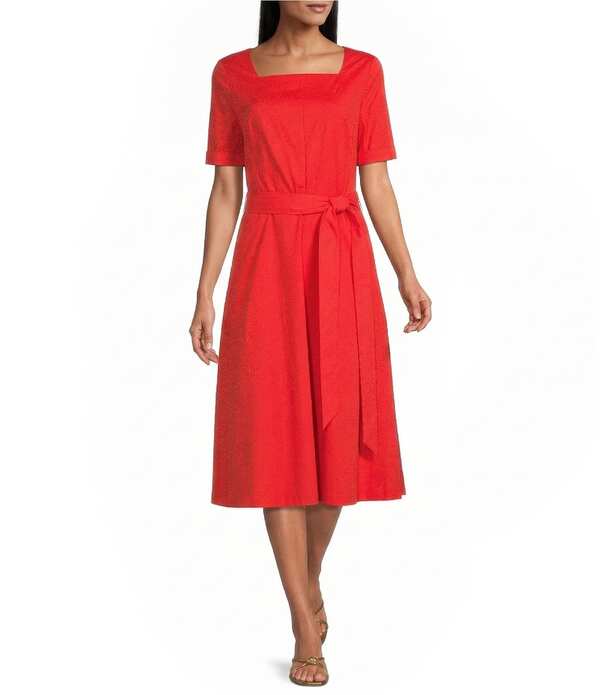 インベストメンツ レディース トップス ワンピース ミディ Investments Poplin Short Sleeve Square Neck Tie Belt Midi Dress Fiery Red レッド|ReVida 店