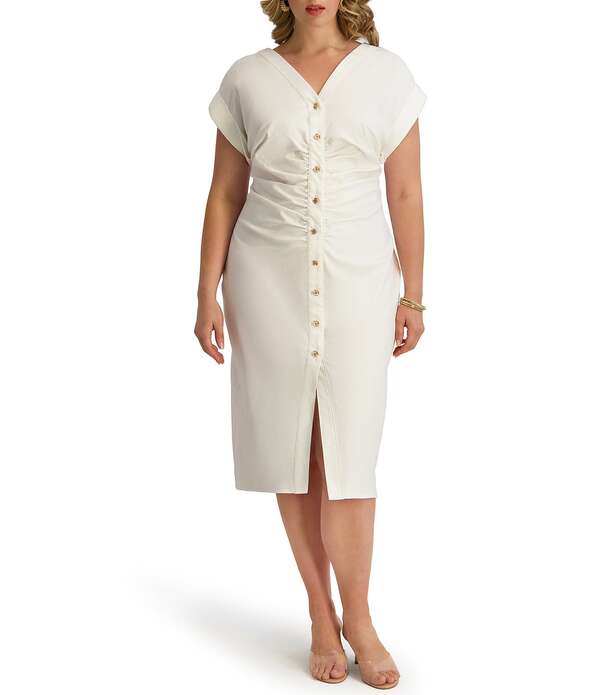 ケンジー レディース トップス ワンピース Vネック プラスサイズ ギャザー ミディ Kensie Plusize Short Sleeve V-Neck Ruched Button Front Midi Dress White ホワイト