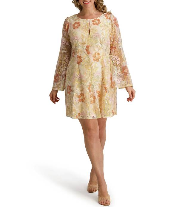 ケンジー レディース トップス ワンピース フラワー柄 プラスサイズ メッシュ 刺繍 フラワー Kensie Plusize Floral Embroidered Mesh Keyhole Neckline Long Bell Sleeve Dress Multi マルチカラー
