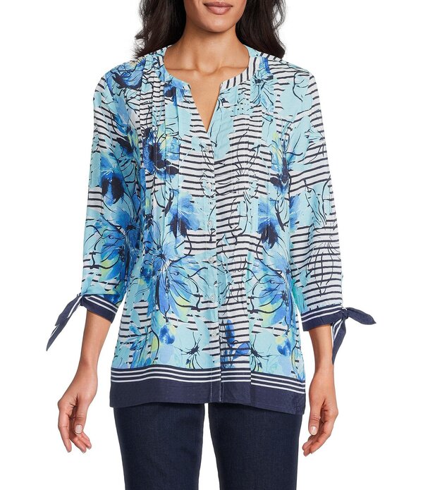 アリソン デイリー レディース トップス シャツ フラワー柄 プチ プリント ブラウス フラワー Allison Daley Petite Size Floral Stripe Print 3/4 Tie Sleeve Y-Neck Button Front Blouse Navy Nautical Splendor ネイビー