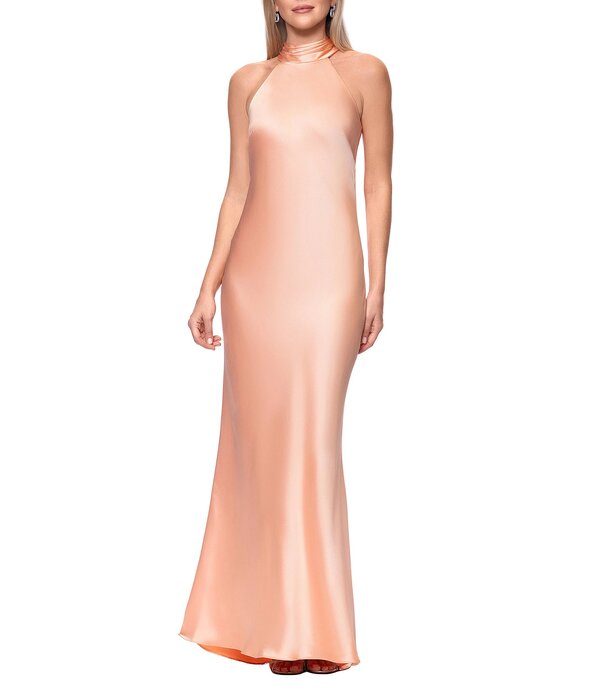 エスケープ レディース トップス ワンピース サテン ノースリーブ ホルター Xscape Satin Halter Bow Tie Back Sleevelessheath Gown Peach ピーチ