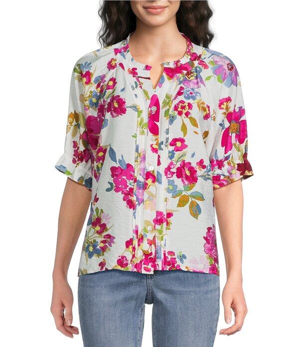 アリ マイルス レディース トップス シャツ フラワー柄 プチ フリル フラワー Ali Miles Petite Size Floral Y-Neck Elbow Ruffle Sleeve Button Frontunic Floral Multi マルチカラー