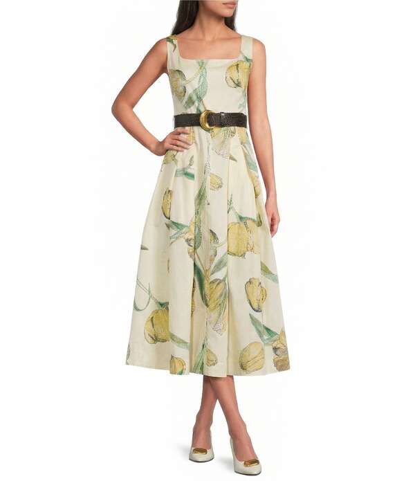 ダナキャラン レディース トップス ワンピース フラワー柄 プリント ミディ ノースリーブ コットン フラワー Donna Karan Cotton Square Neck Sleeveless Floral Print Midi Dress Pannacotta|ReVida 店