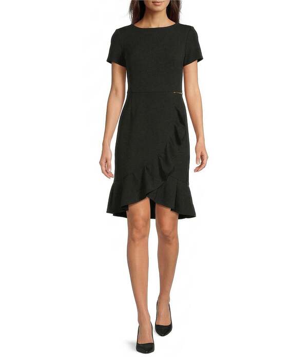 ダナキャラン レディース トップス ワンピース クレープ フリル スキューバ Donna Karan Scuba Crepe Ruffle Faux Wrap Dress Black ブラック