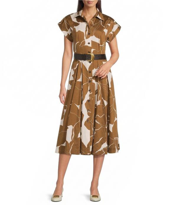 ダナキャラン レディース トップス ワンピース プリント ミディ Donna Karan Short Sleeve Abstract Print Midi Dress Cognac